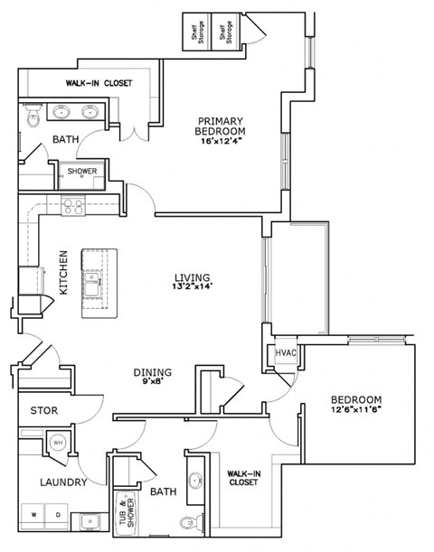 Floor plan for 2 beds, 2 baths, 1550 sqft